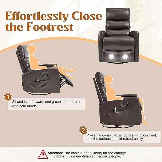 Luxlen Manual Swivel Rocker Recliner Chair with Massage Overstuffed Recliner Glider with Vibration Massage and Heat for Nursery Living Room Reclining Sofa Chair PU Leather Dark Brown