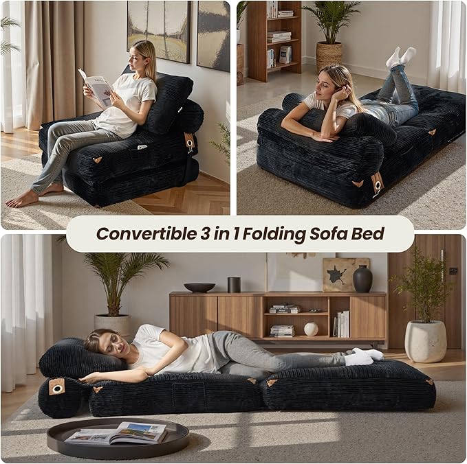 ovios Folding Sofa Bed Foldable Sleeper Chair Floor Futon Comfy Portable Convertible Fold Out Lounge Chairs for Living Room Bedroom Black