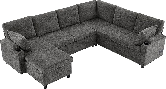 109.9 Modern Sectional Sofa Pull-Out Sofa Bed Sleeper with Storage Ottoman and 2 Cup Holders Chenille Convertible U-Shaped Couch Bed for Living Room (Grey-3.13)