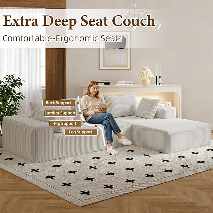Boneless Couch Corduroy Sectional Sofa Cloud Couches Deep Seat L-Shaped Sofa No Assembly Pet-Friendly Apartment Couch for Small Spaces (Beige L Shape with Right Facing Chaise)