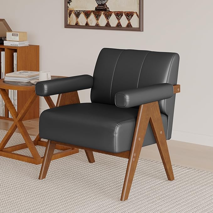 JIASTING Mid Century Modern Accent Chair Set of 2 Black Leather Office Reading Accent Chairs Small Comfy Side Arm Chairs for Living Room Bedroom Wood Arms (2 Black)