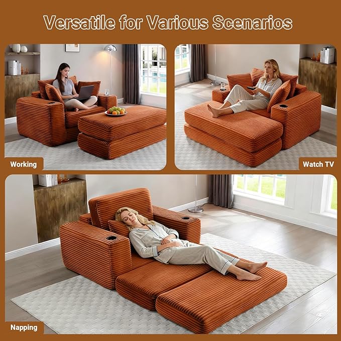 53 Oversized Chaise Lounge Chair Indoor Modular 3-in-1 Corduroy Boneless Chair Cloud-Like Cozy Comfy Sofa Bed Sleeper Couch for Reading Living Room Bedroom Orange