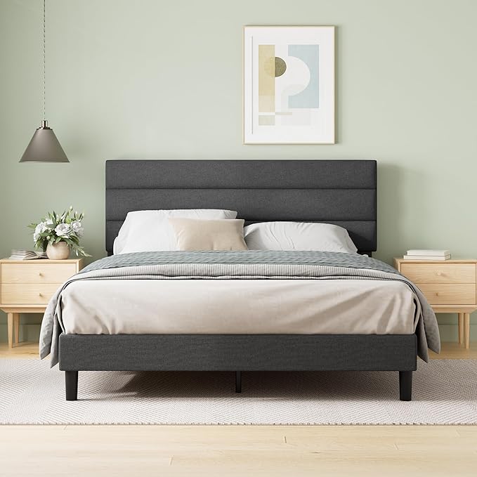Zinus King Piper Upholstered Platform Bed with Horizontal Paneled Headboard Wooden Slat Support No Box Spring Needed Easy Assembly Eco Friendly Packaging Dark Grey