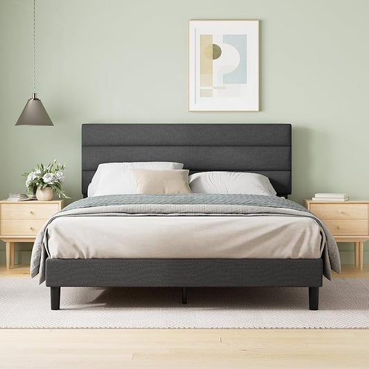 Zinus King Piper Upholstered Platform Bed with Horizontal Paneled Headboard Wooden Slat Support No Box Spring Needed Easy Assembly Eco Friendly Packaging Dark Grey