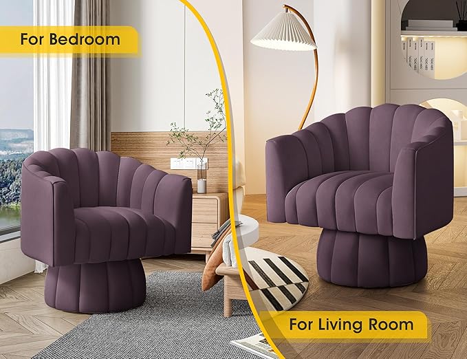Accent Chair Mid Century 360 Degree Swivel ChairModern Lounge Sofa Round Barrel Chair with Wide UpholsteredFluffy Velvet Fabric Chairs for Home Sofa Living Room/Bedroom/Waiting Room(Purple)