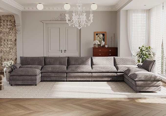 JUMMICO 198” Modular Oversized Sectional Sofa Couch Modern Wide Arm Deep Seat and Reversible Ottoman Sleeper Sofa Chenille Fabric for Living Room Apartment (Grey Oversized Sofa)