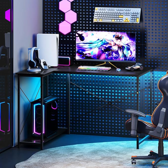 Giantex L Shaped Desk with Charging Station 47 Inch Reversible Computer Desk with Adjustable Storage Shelves &amp Metal Frame Modern Corner Desk for Home Office Studying Writing Gaming (Black)