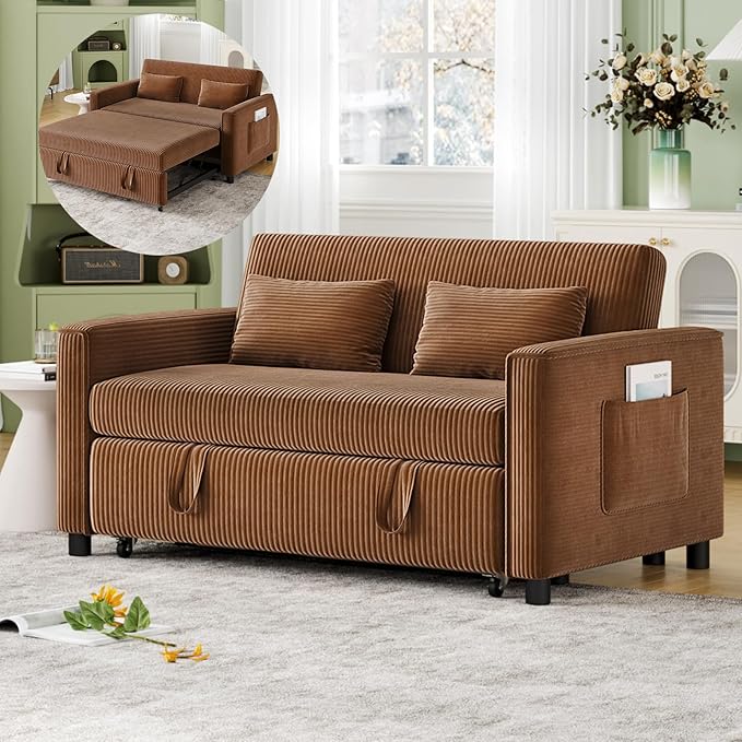 Sleeper Sofa with Pull Out Sofa BedCorduroy Futon Sofa Bed with 3 Level Adjustable Backrest &amp Storage Pockets and 2 Toss PillowsModern Couch Bed for Living RoomBedroom（Brown）