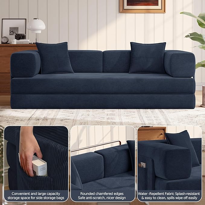 MoonSpeak 78.8''Sleeper Couch Bed for LivingroomConvertible Modular Sofa with Armrest PillowModular Foldable Corduroy Couches in a BoxNo Assembly (Blue)