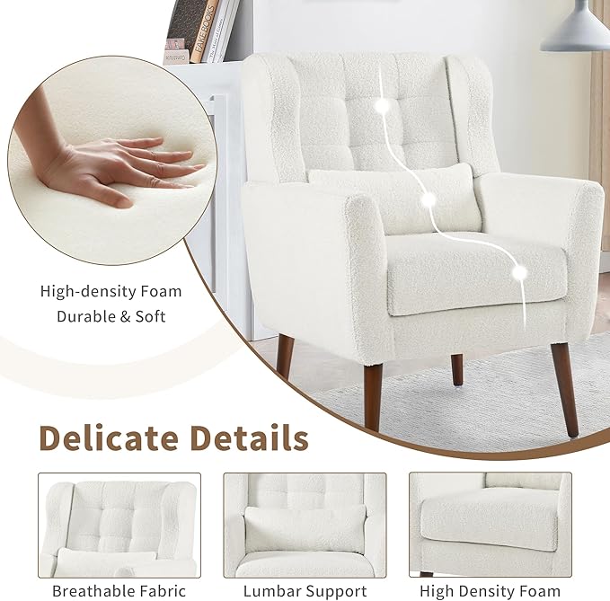 Modern Accent Chair Upholstered Arm Chair with Waist Pillow Single Sofa Chair for Living Room Bedroom Small Spaces (White)
