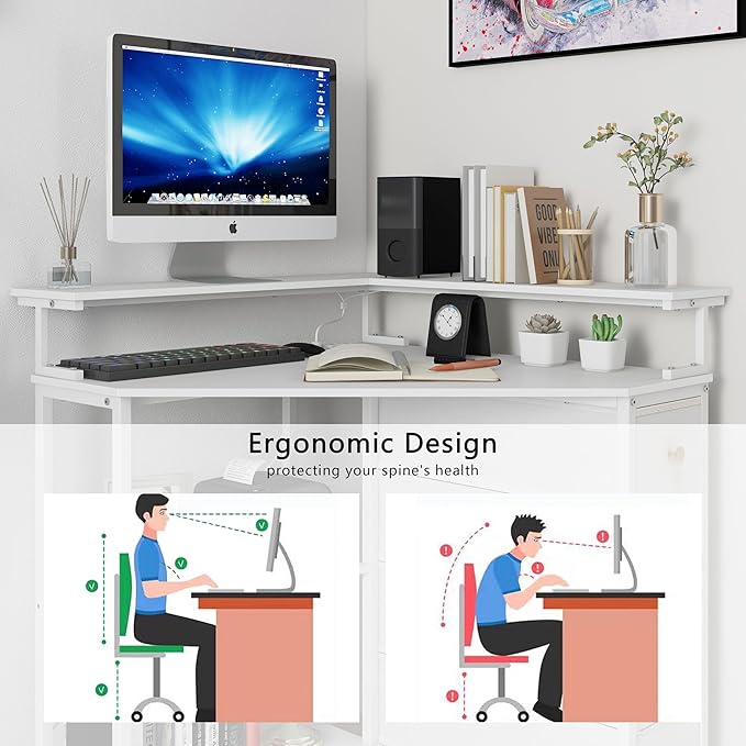 Corner Desk with Drawers Shelves for Small Space 90 Degrees Triangle Computer Desk with Power OutletsGaming Desk with LED Lights Monitor Stand for Home Office Workstation Writing Table (White)