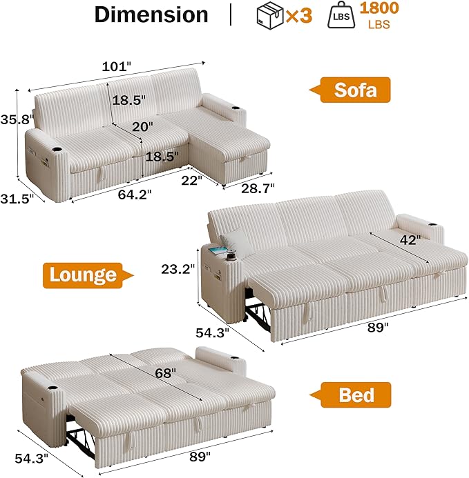 Sunny Heart 101 Plush Corduroy L Shaped Sectional Sleeper Sofa Bed with Pull Out Bed Reclining Backrest Reversible Storage Chaise USB Ports Cup Holders Tool Free Assembly Beige