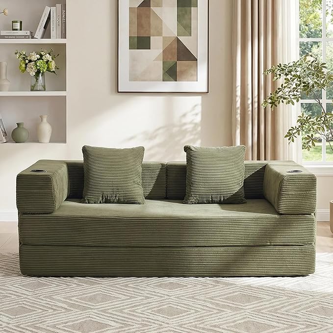 WELAX 72.8 Convertible Sleeper Sofa Bed Boneless Cloud Queen Futon Couches with Cupholders &amp Storage Pockets Corduroy Folding Floor Couch for Bedroom Apartment No Assembly Forest Green