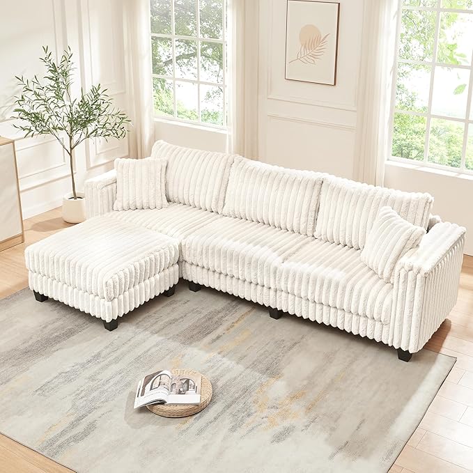 AVZEAR L Shaped Faux Rabbit Fur Fabric Sectional Couch Modern Cloud Modular Sofa with Movable Ottoman and 2 Pillows Small Sectional Convertible Couch for Living Room Bedroom and Apartment White