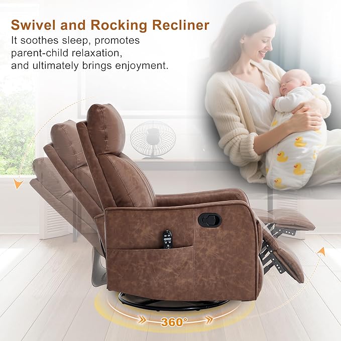 Manual Swivel Rocker Recliner Chair for Adults Overstuffed Glider Chair for Nursery with Massage and Heat Living Room Reclining Chair Faux Leather Brown