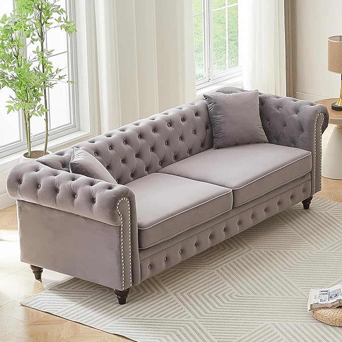 2 Piece Living Room Sofa Set Velvet Button Tufted Couch and Loveseat Set with Nailhead Trim&ampRoll Armrests Mid Century Modern Chesterfield Sofa for Living Room Office(Loveseat+3 Seater Light Gr