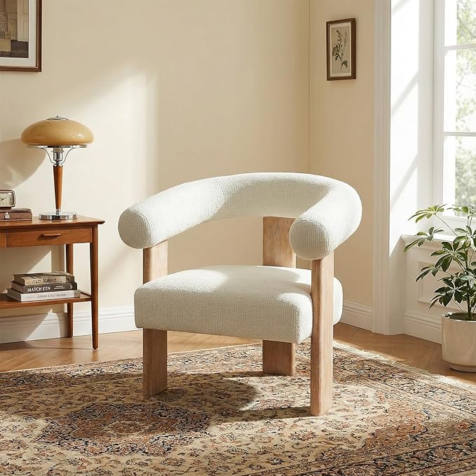 VKNOW Accent Chairs Set of 2 Modern Upholstered Living Room Chair Armchair with Solid Wood Legs Comfy Barrel Arm Chairs for Living Room Bedroom Cream