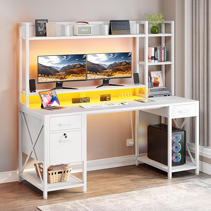 DWVO Computer Desk with Drawers &amp Hutch 59.1 Office Desk with Power Outlets &amp LED Lights Home Office Desk with Storage Shelves White