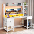 DWVO Computer Desk with Drawers &amp Hutch 59.1 Office Desk with Power Outlets &amp LED Lights Home Office Desk with Storage Shelves White