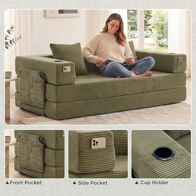 WELAX 72.8 Convertible Sleeper Sofa Bed Boneless Cloud Queen Futon Couches with Cupholders &amp Storage Pockets Corduroy Folding Floor Couch for Bedroom Apartment No Assembly Forest Green