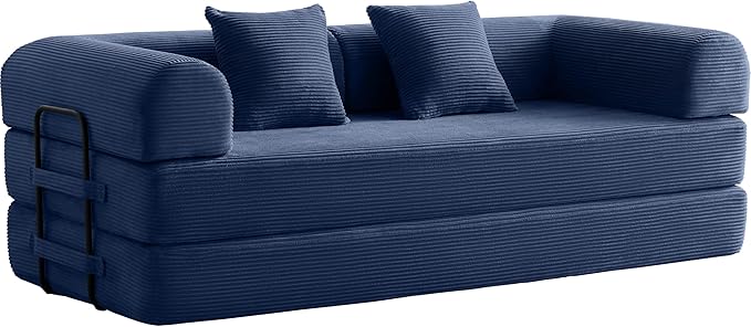 Convertible Sofa Bed with Corduroy PillowComfy Floor Sofa Bed Compressed Sofa in Box Convertible Sofa Bed for Living Room Bedroom Lounge Studio Comfy High Density Foam Mattress(Navy Blue)