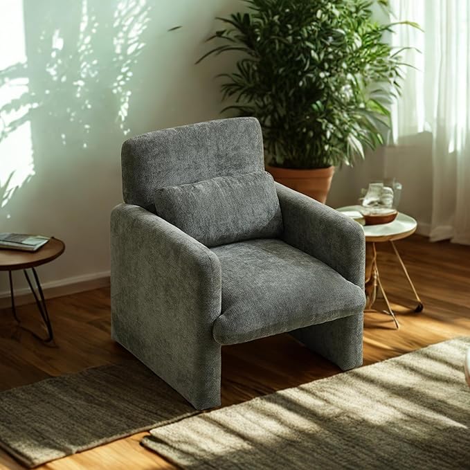 GDFStudio 30 Modern Accent Chair Upgrade Leisure Boucle Upholstered Armchair with Straight Arms and Waist Pillow Comfy Single Sofa Chair for Living Room Bedroom Office Apartment Antique Green