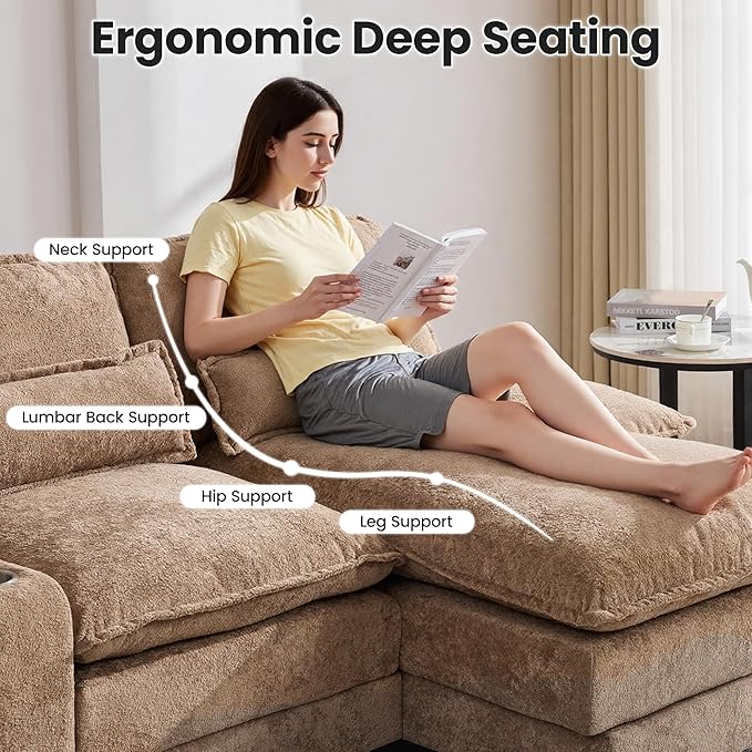 125 U Shaped Modular Sectional Cloud Sofa Small Sherpa Upholstered Double Chaise Living Room Couch Storage Central Console Cup Holders USB Port Camel