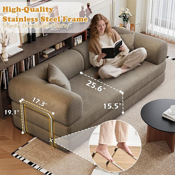 78.8 Corduroy Convertible Sofa Bed with Stainless Fixed-Shape Frame 4-in-1 Boneless Loveseat with Pull-Out Bed Lounge Futon Sofa Couch Floor Mattress for Living Room No Assembly Required(Camel) |