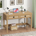 Rattan Computer Desk with 2 Drawers 39 Inch Small Desk with Power Outlets Farmhouse Boho Vanity Desks Compact Writing Study Table for Small Spaces Oak