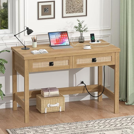 Rattan Computer Desk with 2 Drawers 39 Inch Small Desk with Power Outlets Farmhouse Boho Vanity Desks Compact Writing Study Table for Small Spaces Oak