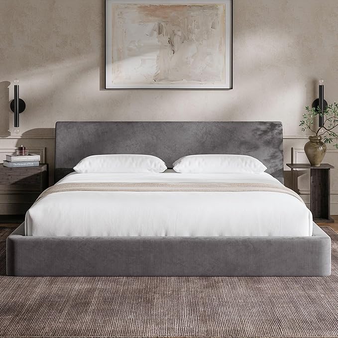 RECCI AirFrame King Size Bed Frame with Ergonomic Angled Foam Cushioned Headboard Minimalist Design Platform Bed Frame No Box Spring Needed Easy Assembly (Moon Grey)