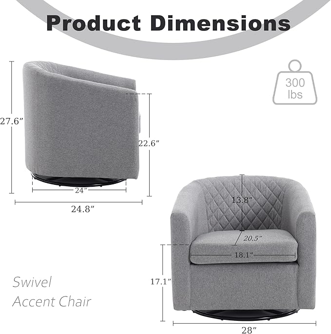 Swivel Gilder Chair Modern Round Armchair 360° Swivel Linen Barrel Chair Club Chair for Living Room Bedroom Office (Grey)