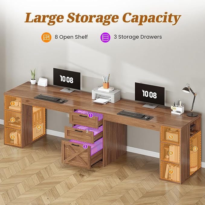 SEDETA Farmhouse 96.5 Computer Desk with Drawers 2 Person Home Office Desk Gaming Double Desk with Storage Shelves Long Two Person Writing Desk Brown