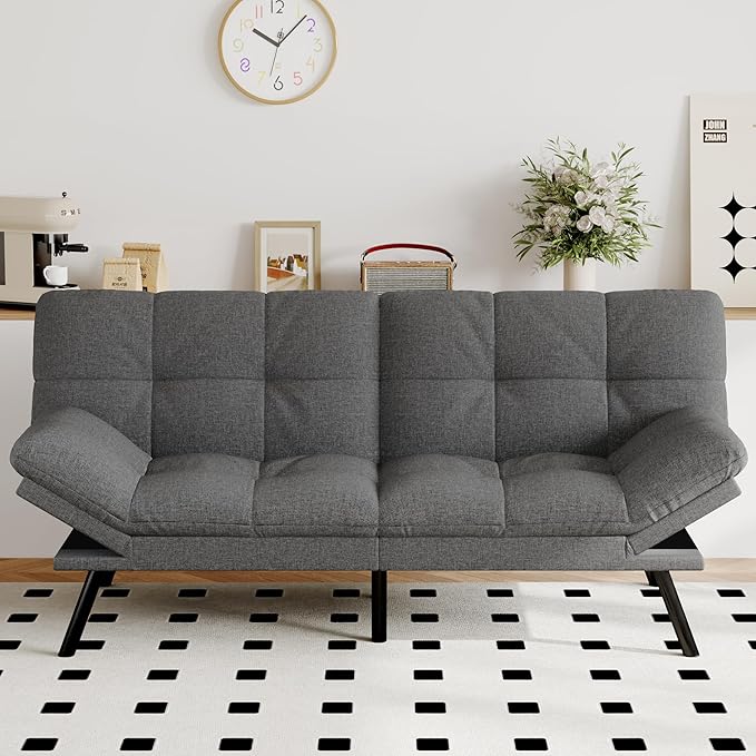 Futon Sofa Bed Convertible Couch Grey Linen Sofa Bed with Memory Foam Adjustable Backrest &amp Armrests Multifunctional Small Loveseat Sleeper Sofa for Living Room Apartment Office