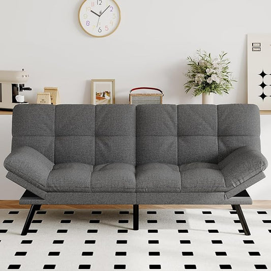 Futon Sofa Bed Convertible Couch Grey Linen Sofa Bed with Memory Foam Adjustable Backrest &amp Armrests Multifunctional Small Loveseat Sleeper Sofa for Living Room Apartment Office
