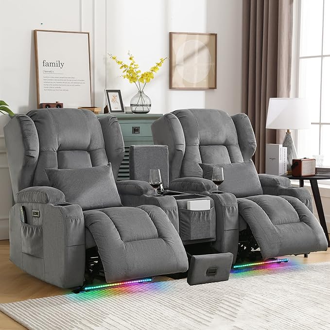 DRMBOOK Power Recliner Chair Electric Wall Hugger Reclining Sofa with Massage &amp Heat Overstuffed Theater Seating with LED/USB Port/Cup Holders for Living Room (Linen Grey 1 Chair with Console)