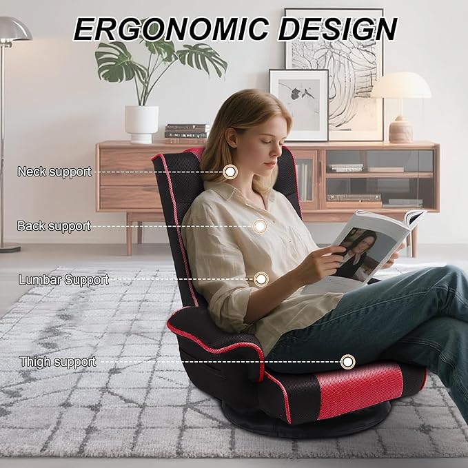 Swivel Floor Chairs for Adults Floor Gaming Chair with Extra Wide Arms Back Support 14 Angles Adjustable Comfortable Double Mesh Fabric Lazy Sofa for Video Game Chairs 201 (Black+red)