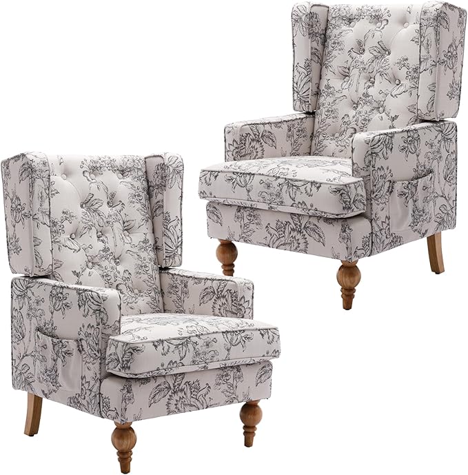 DUOMAY Tufted Accent Chair Set of 2 Modern Linen Upholstered Wingback Side Arm Chair for Living Room Bedroom with Wood Legs Comfy Reading Guest Chair for Office Beige Flower Pattern