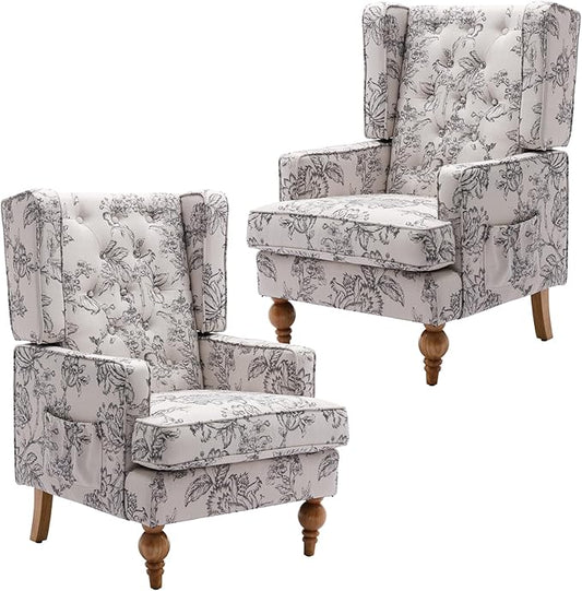 DUOMAY Tufted Accent Chair Set of 2 Modern Linen Upholstered Wingback Side Arm Chair for Living Room Bedroom with Wood Legs Comfy Reading Guest Chair for Office Beige Flower Pattern
