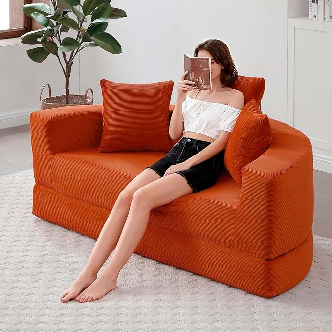 67-inch Convertible Futon Sofa Bed Round Folding Comfy Corduroy Upholstered Couch Bed with 3 Pillows Boneless Floor Lazy Loveseat Sofa for Living Room Apartment Small Spaces Pinstripe Orange