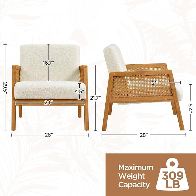 Yaheetech Boucle Fabric Accent Chair Vintage Rattan Vanity Chair with Wood Armrest and Legs for Living Room Bedroom Makeup Room Ivory 1