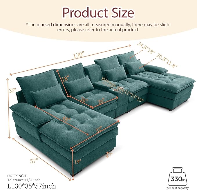 130 U-Shaped Modular Sectional Sofa Oversized Cloud Couches with Storage Console &amp Cup Holders Linen Sofa with Chaise/Pillows 6-Seater Deep Seat Couches for Living Room (Green) | Breathable ma
