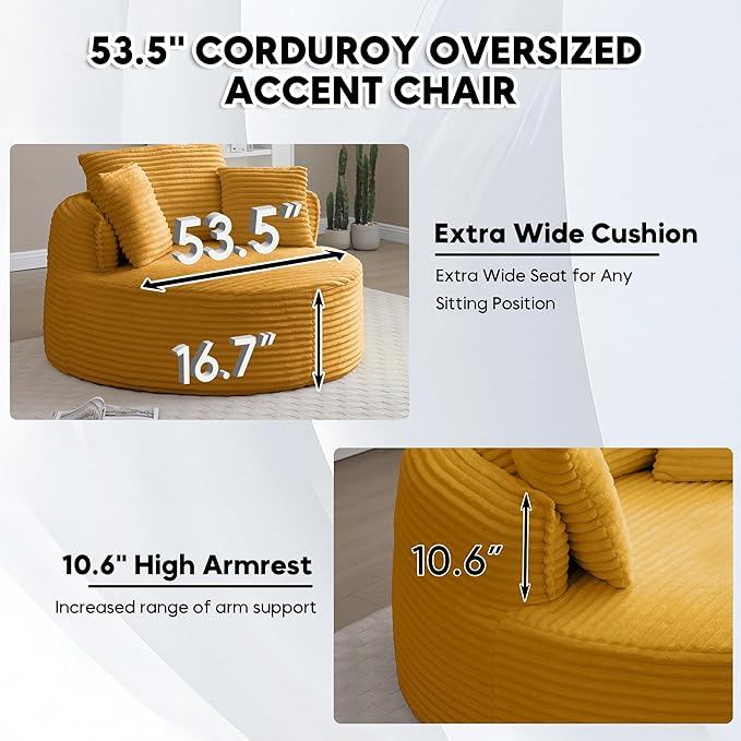 Oversized Round Chair Lounge Chaise Indoor 53.5 Corduroy Boneless Round Chair Fluffy Single Deep Seat Cloud Sofa Chairs Modern Circle Chaise Lounge for Bedroom Living Room Yellow