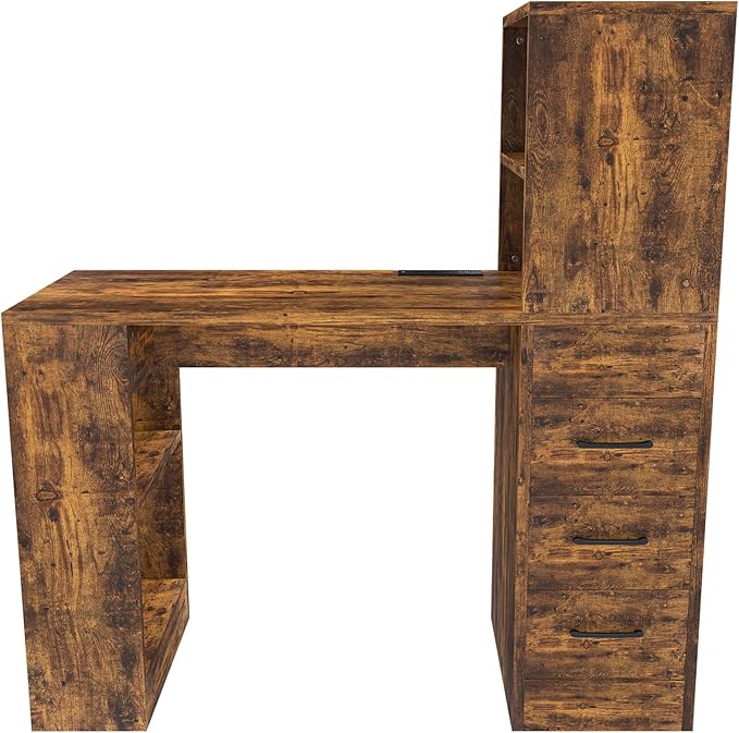 43 Inch Computer Desk with Power Outlets Small Computer Desk with 3 Slide Drawers Home Office Desk with 4 Storage Shelves Gaming Corner Work Desk for Home Office Study