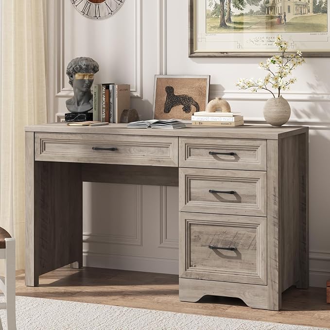 Vabches Farmhouse Executive Desk with Drawers Home Office Desk with File Drawer Wood Computer Desk with Ample Storage Rustic Office Desk with Spacious Tabletop for Work Grey