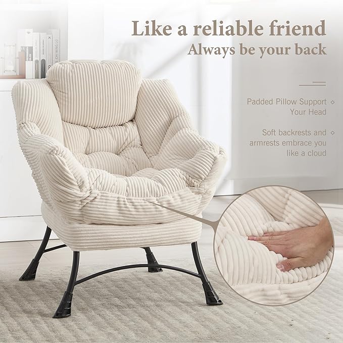 HOMEFUN Lazy Chair with Ottoman Bedroom Chairs for Adults Modern Lounge Accent Chair with Armrests Ergonomic Footrest for Small Spaces Comfy Reading Chair for Living Room Bedroom Office White