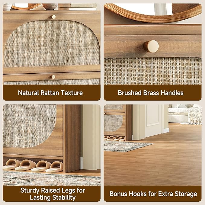 Nicetree Rattan Arched Accent Shoe Storage Cabinet - Freestanding Ultra Slim for Entryway 2 Flip Drawers &amp 3-Tier Adjustable Shelves Farmhouse Modern Rustic Shoe Rack for Hallway Foyer Living