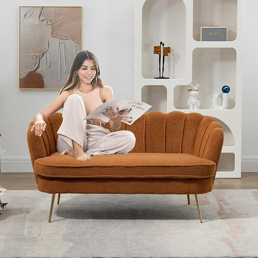 Modern Boucle Loveseat CouchFuton Small Sofa with Gold Metal Legs 2-Seater Upholstered Mini Sofa Couches for Small SpaceLiving Room Bedroom Office Dorm Studio Apartment Love Seat Couche(Brown)