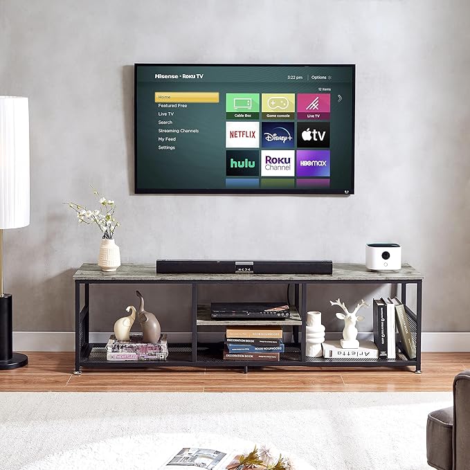 VECELO TV Stand with Power Outlets for Televisions up to 75Inch 62 Media Entertainment Center with Charging Station 3-Tier Open Storage Shelves with Metal Frame for Living Room/BedroomGrey