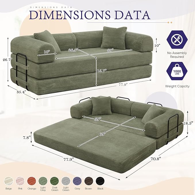Convertible Folding Sofa Bed Corduroy Sleeper Mattress Couch with Fixed-Shape Frame Free Combination Loveseat Lounge Floor Sofa Queen Size Memory Foam Couch for Living Room Bedroom Light Green
